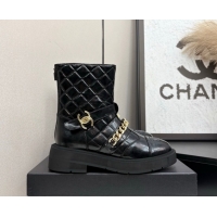 Top Design Chanel Quilted Shiny Calfskin Ankle Boots with Buckle and Chain Black 2025 CH083007