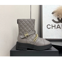 Best Price Chanel Quilted Calfskin Ankle Boots with Buckle and Chain Grey 2025 CH083007