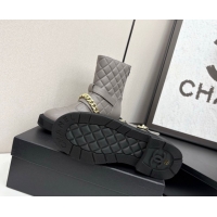Best Price Chanel Quilted Calfskin Ankle Boots with Buckle and Chain Grey 2025 CH083007