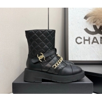 Grade Quality Chanel Quilted Calfskin Leather Ankle Boots with Buckle and Chain Black 2025 CH083007
