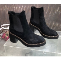 Best Grade Chanel Suede Heel Platform Ankle Boots 7.5cm with Chain Black CH083008