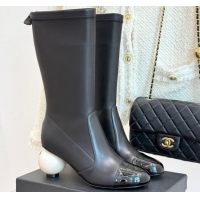 Durable Chanel Stretch Calfskin & Patent Leather Ankle Boots with Maxi Pearl Heel Black 0830047