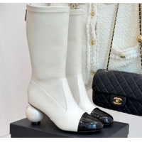 Lower Price Chanel Stretch Calfskin & Patent Leather Ankle Boots with Maxi Pearl Heel White 2025 0830048