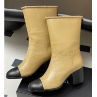 Leisure Chanel Quilted Calfskin & Leather Ankle Boots 6cm with Chain Beige Yellow 2025 CH083009