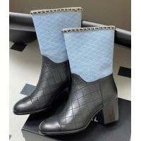 Cheap Chanel Quilted Calfskin & Denim Ankle Boots 6cm with Chain Light Blue/Black 2025 CH083009