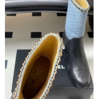 Cheap Chanel Quilted Calfskin & Denim Ankle Boots 6cm with Chain Light Blue/Black 2025 CH083009