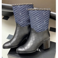 Pretty Style Chanel Quilted Calfskin & Denim Ankle Boots 6cm with Chain Black/Navy Blue 2025 CH083009