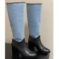 Durable Chanel Quilted Calfskin & Denim High Boots 6cm with Chain Black/Light Blue 2025 CH083009