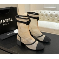 Buy Luxury Chanel Mesh & Grosgrain Heel Ankle Boots 5cm with Bow Beige 2025 G46703