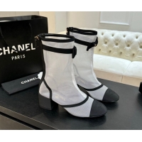 Good Quality Chanel Mesh & Grosgrain Heel Ankle Boots 5cm with Bow White/Black 2025 G46703