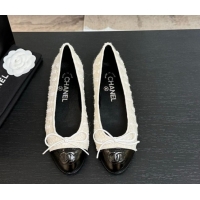 Luxurious Chanel Classic Tweed & Patent Calfskin Ballet Flats with Bow White/Black 50901010