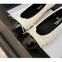 Luxurious Chanel Classic Tweed & Patent Calfskin Ballet Flats with Bow White/Black 50901010