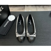 Best Product Chanel Classic Tweed & Lambskin Leather Ballet Flats with Bow Black/White 50901011