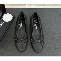 Good Product Chanel Classic Tweed & Grosgrain Ballet Flats with Bow Black 50901012