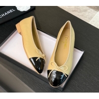 Modern Chanel Classic Quilted CC Lambskin & Patent Calfskin Ballet Flats with Bow Beige Yellow 0901015