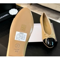 Modern Chanel Classic Quilted CC Lambskin & Patent Calfskin Ballet Flats with Bow Beige Yellow 0901015