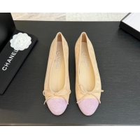 Best Price Chanel Classic Suede Ballet Flats with Bow Beige/Purple 0901020