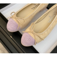 Best Price Chanel Classic Suede Ballet Flats with Bow Beige/Purple 0901020