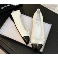 Expensive Chanel Classic Lambskin & Patent Calfskin Ballet Flats with Bow White 0901021