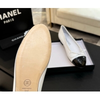 Expensive Chanel Classic Lambskin & Patent Calfskin Ballet Flats with Bow White 0901021