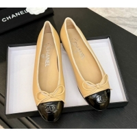 Shop Duplicate Chanel Classic Lambskin & Patent Calfskin Ballet Flats with Bow Beige 0901022