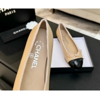 Shop Duplicate Chanel Classic Lambskin & Patent Calfskin Ballet Flats with Bow Beige 0901022