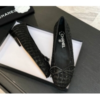 Discount Chanel Classic Tweed & Sequins Ballet Flats with Bow Black 0901024