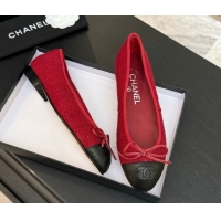 Cheap Price Chanel Classic Tweed & Lambskin Leather Ballet Flats with Bow Red 0901027