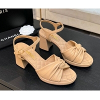Shop Duplicate Chanel Knot Lambskin Leather Heel Sandals Beige 2025 CH090101