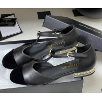 Most Popular Chanel Lambskin & Velvet T Mary Janes Flat Shoes with Pearls Black 2025 CH090104 0901051