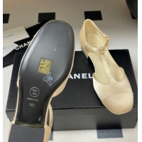 Unique Discount Chanel Satin T Mary Janes Flat Shoes with Pearls Beige 2025 CH090104