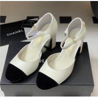 Grade Quality Chanel Lambskin & Velvet Mary Janes Pumps 8cm with Pearls White 2025 CH090104 0901062