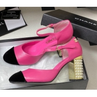 Top Design Chanel Lambskin & Velvet Mary Janes Pumps 8cm with Pearls Pink 2025 CH090104 0901064