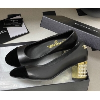 Top Grade Chanel Lambskin & Velvet Pumps 6cm with Pearls Black 2025 CH090104 0901071