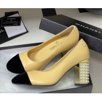 Shop Duplicate Chanel Lambskin & Velvet Pumps 8cm with Pearls Beige Yellow CH090104 0901076