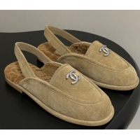 Best Price Chanel Suede & Shearling Lining Slingback Flat Loafers Beige 2025 CH090107 50901083