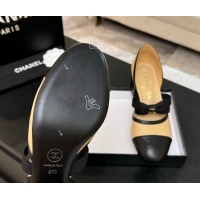 Good Quality Chanel Calfskin Leather Mary Janes Pumps with Bow Beige/Black 2025 G46701