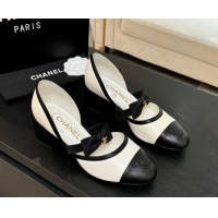 Best Grade Chanel Calfskin Leather Mary Janes Pumps with Bow White/Black 2025 G46701