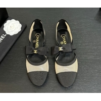 Charming Chanel Mesh & Grosgrain Mary Janes Flat Shoes with Bow Beige/Black 2025 G46701
