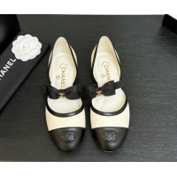 Top Design Chanel Calfskin Leather Mary Janes Flat Shoes with Bow White/Black 2025 G46701