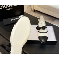 Top Design Chanel Calfskin Leather Mary Janes Flat Shoes with Bow White/Black 2025 G46701