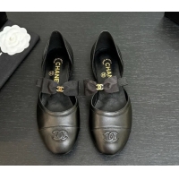 Good Quality Chanel Calfskin Leather Mary Janes Flat Shoes with Bow Black2 2025 G46701