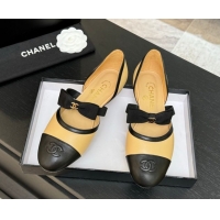 Luxury Chanel Calfskin Leather Mary Janes Flat Shoes with Bow Beige/Black 2025 G46701