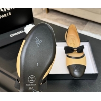 Luxury Chanel Calfskin Leather Mary Janes Flat Shoes with Bow Beige/Black 2025 G46701