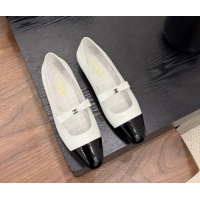 Shop Duplicate Chanel Lambskin & Patent Calfskin Mary Janes Ballet Flats with Bow White 2025 CH090109