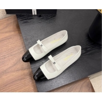 Shop Duplicate Chanel Lambskin & Patent Calfskin Mary Janes Ballet Flats with Bow White 2025 CH090109