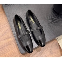 Sophisticated Chanel Lambskin & Patent Calfskin Mary Janes Ballet Flats with Bow Black 2025 CH090109