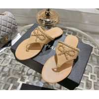 Cheap Price Chanel Lambskin Leather Flat Slides Sandal with Chain Bow Beige 2025 CH090110