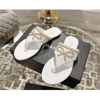 Hot Style Chanel Lambskin Leather Flat Slides Sandal with Chain Bow White 2025 CH090110