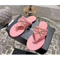 Discount Chanel Lambskin Leather Flat Slides Sandal with Chain Bow Pink 2025 CH090110